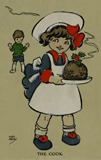Hand Coloured Postcards Drucke: Cook with an Xmas pudding