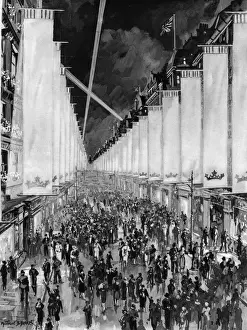 King George VI Coronation Day Drucke: Coronation 1937 - Bond Street arrayed in white