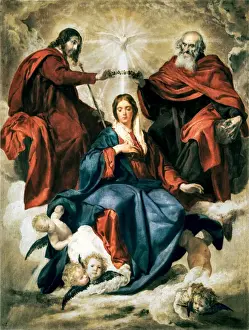 Drucke von Die Krönung der Jungfrau von Velázquez, Diego RodrČguez de Silvaa (1599-1660). Barockkunst. Öl auf Leinwand V Drucke: Die Krönung der Jungfrau