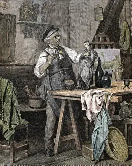Colored Engraving History Drucke: Craftsman in his workshop. Colored engraving of 1852