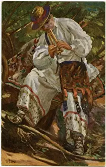 Drucke von Der kroatische Hirtenhund spielt eine Frula Die frula (auch bekannt als Svirala oder Jedinka) ist ein Musikinstrument Musik Drucke: Kroatischer Schäferhund spielt eine Frula