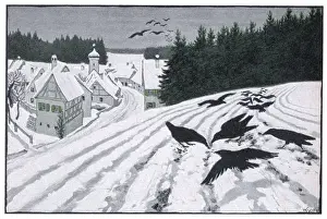 German Village Landscape Drucke: Crows in the Snow 1902