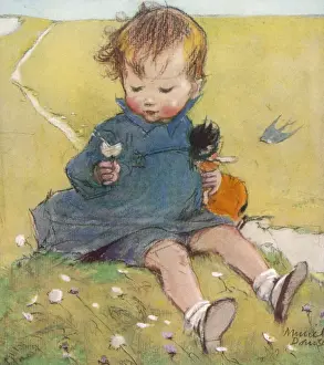 Drucke von Zierliche Illustration eines kleinen Kindes Aquarellbilder Drucke: Die Sonnenscheibenblume von Muriel Dawson