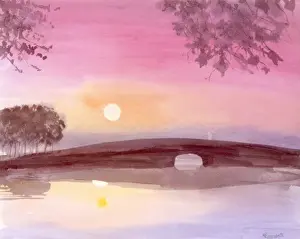Drucke von Ein Morgenfluss - Blick auf eine niedrige Brücke über einen weiten See oder Bach, als der neue Tag am Sonnenaufgang beginnt und sich im ruhigen Wasser spiegelt, in den Morgennebel hinaus Fluss-Kunstwerke Drucke: Morgendämmerung am Fluss mit niedrigem Brückenkopf