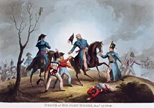 Drucke von Tod von Sir John Moore am 17 Januar 1809. Aquatint von T Sutherland, nach W Heath, vom J Jenkins veröffentlicht am 2 Januar 1815. Bei der Schlacht bei Corunna im Peninsular-Krieg (1808-1814) Sutherland Drucke: Tod des Sir John Moore