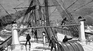 Drucke von Gravur zeigend die Decke, den Rumpf und Masten der Cunard Companies Dampfschiff Gallia am Meer 1879 Biber Drucke: Die Kajütdecke der SS Gallia, 1879
