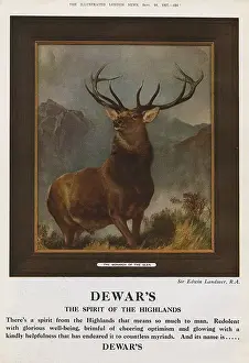 Drucke von Anzeige für Dewar's Whisky, der Geist der Highlands, mit Edwina Landser's Gemälde Die Königin des Gleschs. 1927 L Drucke: Die Werbung von Dewar's - Der König der Tälerei