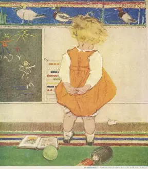 Drucke von Ein kleiner blondes Kind wird dazu gebracht, sich gegenüber der Wand zu stellen und mit Scham geschlagen nach einem offensichtlichen Vergehen im Spielzimmer oder Klassenzimmer Kinderzimmer Drucke: In Schande von Muriel Dawson