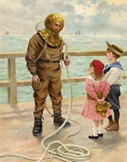 Historical Diving Equipment Drucke: Diver and Children