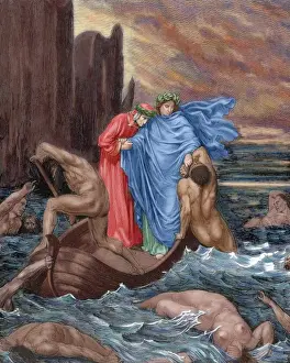 Divine Comedy Illustrations Drucke: Divine Comedy. Eigth Canto of Hell. Dante and Virgil cross t