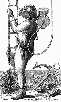 Vintage Diving Equipment Drucke: Diving Suit Ca 1875