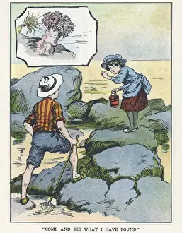 Seaside Resort History Drucke: Out of Doors -- two children exploring rock pool