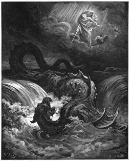 Drucke von Dores Interpretation der Schlacht zwischen Gott und dem Meerdrachen Leviathan, die im Endezeiten stattfinden wird wie von Isaia beschrieben Gustave Dore Drucke: Dores Leviathan