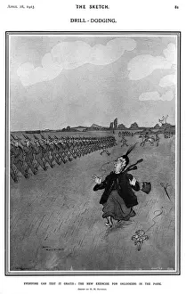 H M Bateman Artwork Drucke: Drill-dodging: The new exercise, H. M. Bateman cartoon, WW1