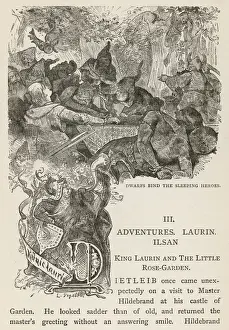Folklore Illustrations Drucke: Dwarfs bind the sleeping heroes
