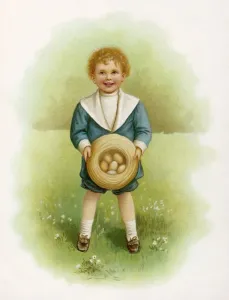 Ostern Drucke: Junge im Garten mit Eiern