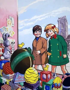 Ostern Drucke: Kinder bewundern ein Osterdekoration