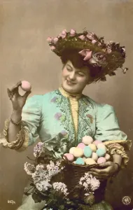 Decorated Easter Eggs Drucke: Lady with a basket full of decorated Easter eggs