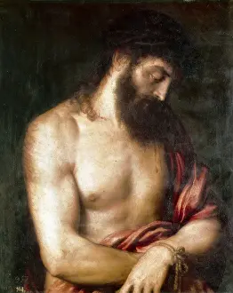 Drucke von Titian, auch bekannt als Tiziano Vecello (1490-1576),Ecce homo.Jesus Christ präsentiert geschlagen und gefesselt.Renaissance Kunst.Cinquecento.Oel auf Leinwand Tizian Drucke: Ekkei Homo
