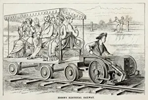 Drucke von Edisons experimentelle elektrische Eisenbahn, in Menlo Park: Die Lokomotive sammelt Energie vom Gleis und kann bis zu 50 km/h erreichen - aber die Fahrt ist holprig Thomas Edison Drucke: Edisons Elektrischer Zug