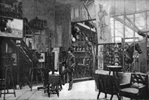 Drucke von JEAN-BAPTISTE EDOUARD DETAILLE Französischer Künstler, bekannt für seine historischen und militärischen Szenen, in seinem Atelier, mit Hut Jean-Baptiste Edouard Detaille Drucke: Atelier Edouard Detaille