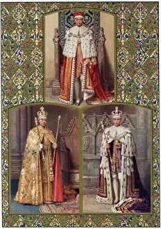 Drucke von Ein Triptychon von Gemälden von Fortunino Matania, bei dem König Edward VIII in seinen Zeremonialkoronationstracht dargestellt wird Fortunino Matania Drucke: Edward VIII in seinen Kronungsroben.