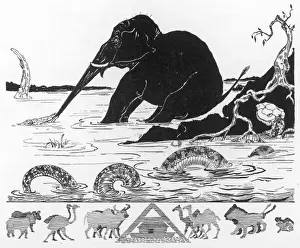 Drucke von Die Geschichte des Elefantenkinds von Rudyard Kipling erzählt davon, wie der Elephant seinen Rüssel bekommen hat. Ein Crocodil tuggt an die Nase des Elefanten und so entwickelt sich ein Rüssel K Drucke: Die Geschichte des kleinen Elefantenkindes