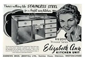 Drucke von Anzeige für das Kücheneinrichtungskonzept von Elizabeth Ann im Stahlblech zur Aristokratie der Küchenausstattung für einen hellen und einfachen Kühlsalon c. 1955 Küche Drucke: Anzeige für Kücheninrichtungen von Elizabeth Ann