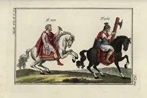 Handcolored Copperplate Engraving Art Drucke: Emperor Marcus Aurelius on horseback, and a