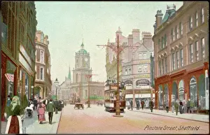 Drucke von Pinston Street, ein elektrischer Tram verläuft vor einem Pferdekutschen Verwandte Bilder Drucke: England / Sheffield