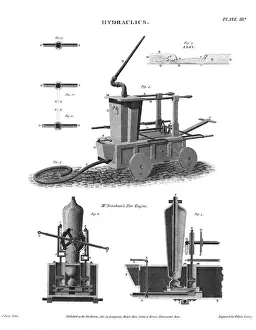 Feuerwehr Drucke: Gravur von dem Feuerwagen von Newsham