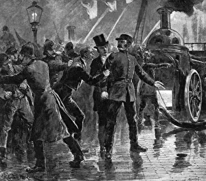 Victorian Fire Brigade Drucke: Engraving of a steamer in action during a fire