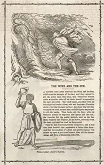 Drucke von Die Wind und die Sonne streiten sich um den Besitzer des Mantels. Der Wind bläst stark herum, aber im sanften Wärme der Sonne hat der Mann seinen Mantel abgelegt A Drucke: Vergleich zwischen Wind und Sonne