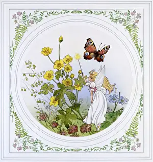 Drucke von Szenario aus der Fantasie eines Fabelwesens, das eine Zauberformel mit seinem Stab über einen Haufen Butterblumen wirft, während ein Pfeilbüchsenfalter sanft flattert Pfau Drucke: Zauberkunst des Zauberweibes