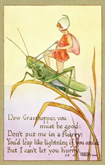 Postcard Collection For Kids Drucke: Fairy on a grasshopper