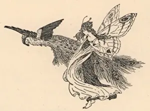 Early 20th Century Fantasy Art Drucke: Fairy and peacock
