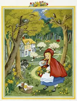 Drucke von Rotkäppchen illustriert von Pauline Baynes ist eine der vier Märchlein mit Saisonsthemen. Rotkäppchen wird bei seiner Mission durch Blumen im Wald abgelenkt, die Beute zu seinem Großmutter bringen Säugetiere Drucke: Fairytales von Frühling - Rotkäppchen von Pauline Baynes
