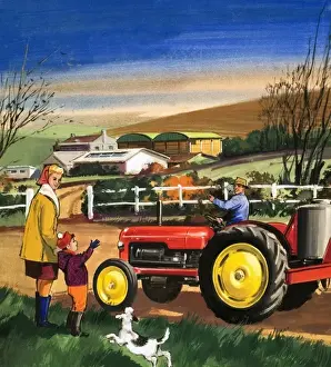 Farming Countryside Scene Drucke: Farmer driving a tractor