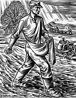 Drucke von Holzstecherzeichnung eines deutschen Bauern, der Samen auf seinem Land säet. Datum: um 1930 Ländliche Gemälde Auf Dem Land Drucke: Bauer säetst Samen