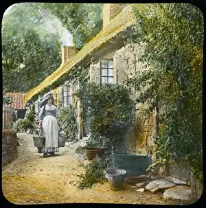 Vintage Rural Landscape Drucke: Fetching Water from Well