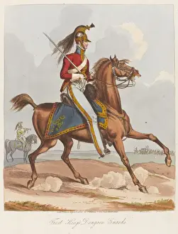 Drucke von Erster Königsgarde-Dragongardiere.Gemälde in Farbe und Nachzeichnung von William Heath, veröffentlicht durch J Watson, Vere Street, Bond Street Willkommen in der skurrilen und wundervoll erfinderischen Welt von William Heath Robinson: Erste Königsgarde Dragoner