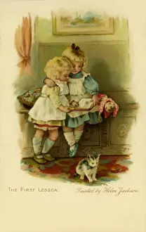 Victorian Era Education Drucke: The First Lesson -- sisters with a book