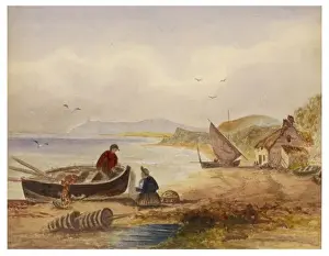 Calm Sea Landscape Drucke: Fishermen on Shore