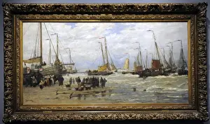 Dutch Marine Art Drucke: Fishing Pinks in Breaking Waves, c. 1875-1885, by Hendrik Wi