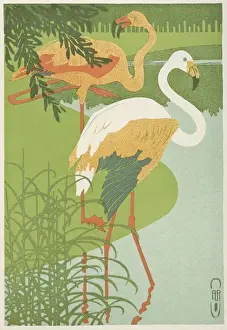 Vintage Nature Prints Drucke: Flamingoes at the waterside