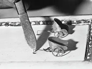 Drucke von Professor Toms Flederkurz : Ein Floh wird an der Anfang des Wagenrennens platziert ; feine Seile befestigen die Flöhe auf den Wagen, Datum: 1960er Jahre Flöhe Drucke: Zirkus der Mücken Karren