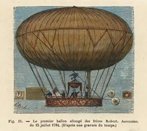 Handcolored Engravings Art Drucke: Flight of a dirigible hydrogen balloon by