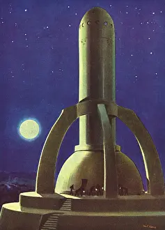 Futuristic Space Travel Drucke: Flights into the Future - technicians inspecting space ship