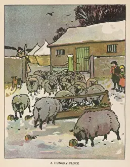 Drucke von Ein Schafstall im Schnee, das von einem Hühnervogel gefüttert wird während des Besuchs eines Hirten und zwei Kinder Schneeschaf Drucke: Schafgarde im Schnee