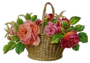 Drucke von Ein dekorativer Anordnung von Rosen in einem Wickerkorb Stilleben Kunstwerk Drucke: Rosen in einem Korb